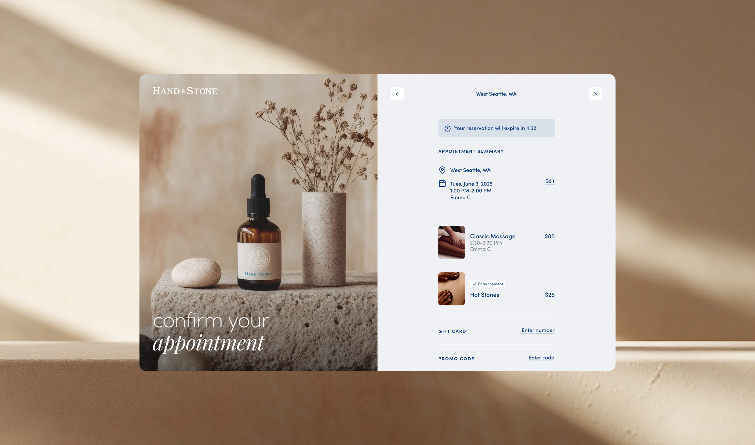 Confirm your appointment screen
