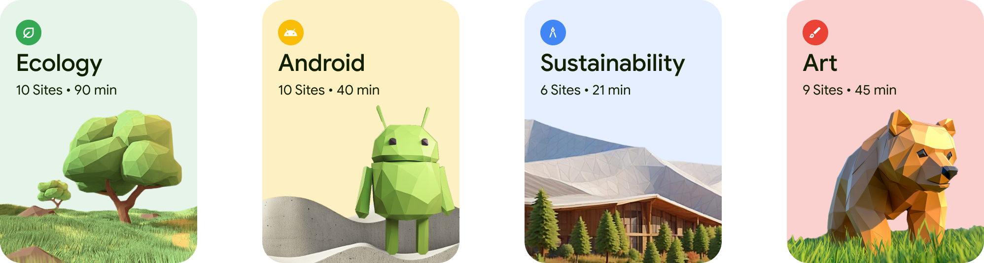 Tour type tiles: Ecology, Android, Sustainability, Art